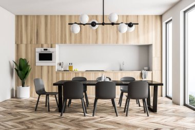 Modern beyaz duvar mutfak iç panoramik pencerelere, ahşap zemin ve mutfak tezgahı ile ile aletleri inşa. Uzun siyah masa sandalye ile. 3D render alay