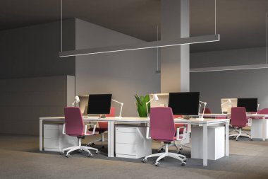 Kat, beyaz bilgisayar masaları pembe sandalye ve dolap ile gri duvarlar, bir halı ile açık plan office köşesinde. 3D render alay