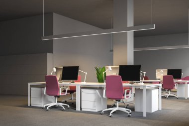 Open plan office corner with gray walls, a carpet on the floor, white computer tables with pink chairs and lockers. 3d rendering mock up clipart