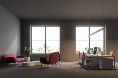 Open plan office corner with gray walls, a carpet on the floor, white computer tables with pink chairs and big windows. Sofa and armchairs waiting area. Side view. 3d rendering mock up clipart