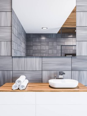 Beyaz Rulo havlu ve üstünde bir İskandinav tarzı gri ahşap duvar çatı banyo iç asılı bir kare ayna ile ahşap bir sayaçta lavabo. Spa Hotel. Yakın çekim. 3D render alay