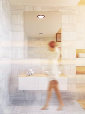 Kadının yanına bir beyaz tahta duvarda asılı dikey bir ayna ile bir banyo lavabo. İç Tasarım kavramı. 3d render tonlu görüntü bulanık