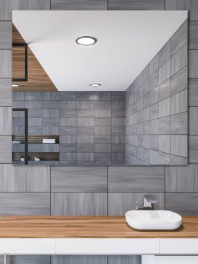 Beyaz ahşap bir sayaçta lavabonun üstünde bir İskandinav tarzı gri ahşap duvar çatı banyo iç asılı bir kare ayna ile. Spa Hotel. 3D render alay