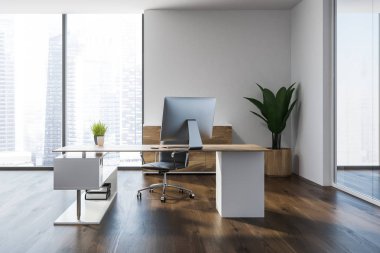 Modern Yöneticisi office iç ahşap zemin, beyaz duvarları, bir şık bilgisayar masa ve bir bitki tencerede. 3D render alay