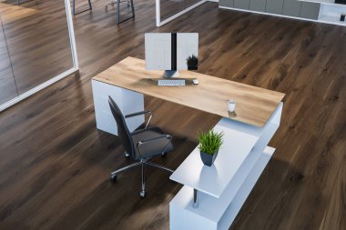 Üstten görünüm modern Yöneticisi office iç ahşap zemin, cam duvarları ve bir şık bilgisayar masası ile. 3D render alay