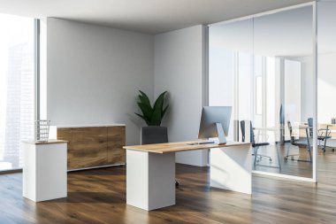 Modern Yöneticisi office köşe bir ahşap zemin, beyaz duvarları, bir şık bilgisayar masa ve saksılı bir bitki. 3D render alay