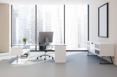 Müdür ofis iç şeftali duvarlar, beton zemin, panoramik pencerelere, bir büyük bilgisayar masası ve poster çerçevesi kadar dikey sahte. 3D render