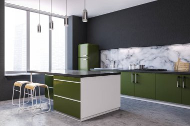 Modern mermer duvar mutfak köşe büyük pencereler, bir beton zemin ve yerleşik aletleri ile yeşil mutfak tezgahı ile. Ada center 3d render alay