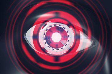 Gerçekçi kırmızı robot göz siyah robot suratı bir kamera ile. Kavram Merhaba tech, yüz tanıma ve makine ayaklanması. HUD. 3D render sahte kadar çift tonlu görüntü pozlaması