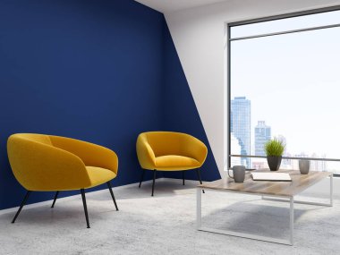 Modern ofis bekleme yeri beyaz ve mavi duvarlı, beton zemin, iki sarı koltuk ve bir sehpa çatı. Lüks salon iç. 3D render alay