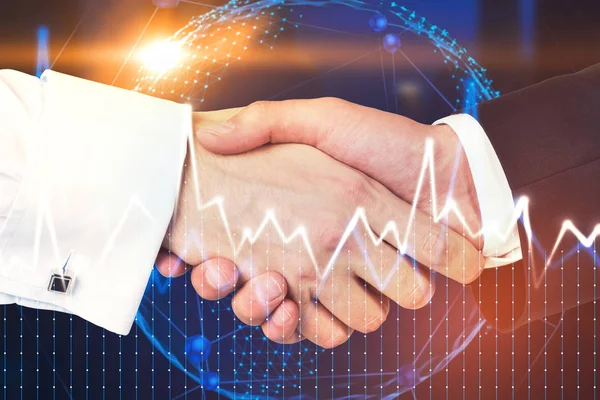 Two Unrecognizable Businessmen Shaking Hands Global Interface Network Hologram Background — Stock Photo, Image