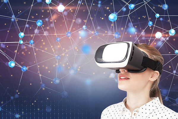 Astonished young woman wearing a dotted shirt and VR glasses over glowing immersive network interface background. Toned image double exposure mock up hud and future concept