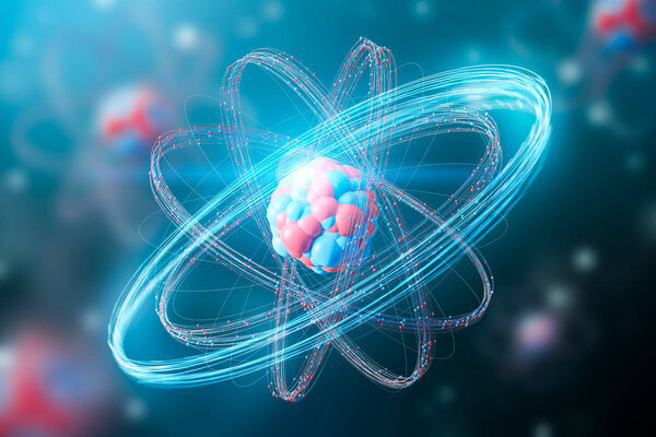 Red and blue abstract atom nucleus model over a blurred red blue atoms background. Concept of science and research. 3d rendering mock up toned image