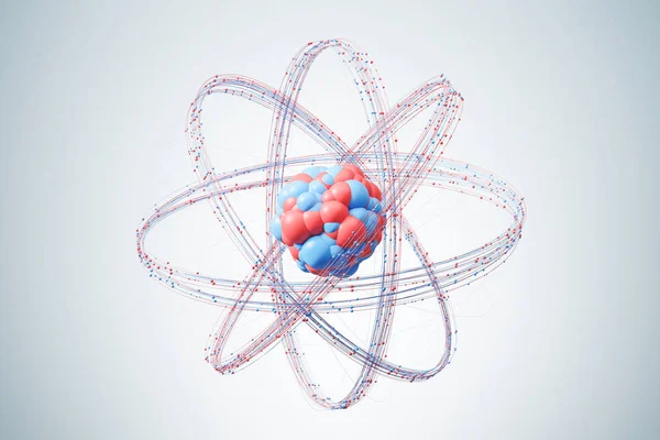 Rot Und Blaues Abstraktes Atomkernmodell Vor Grauem Hintergrund Konzept Von — Stockfoto