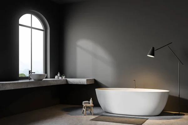 Gray Wall Bathroom Corner Concrete Floor Arched Windows White Bathtub — Stock Photo, Image