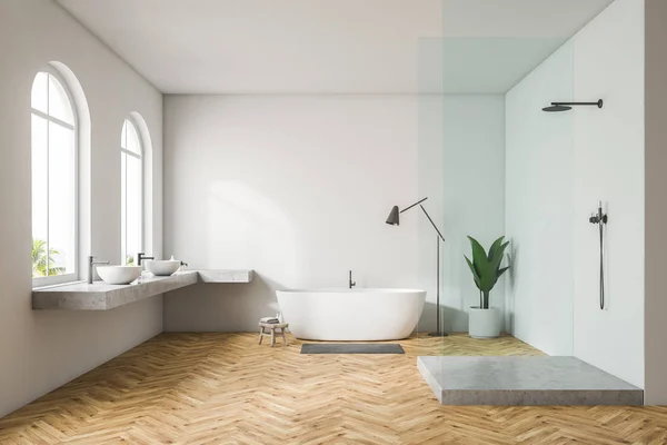 Intérieur Moderne Salle Bain Murale Blanche Avec Plancher Bois Fenêtres — Photo