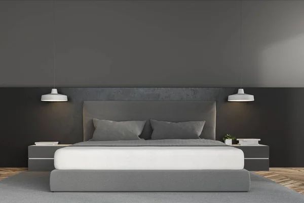 豪华卧室的前景色 灰色的墙壁 混凝土地板与地毯 阁楼窗口和主床与床头表 渲染模拟 — 图库照片