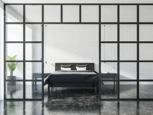 Beyaz duvarları, siyah bir mermer zemin, bir deri karyola olarak görülen bir cam duvar boyunca iki başucu tablolarla ile modern yatak odası iç. 3D render alay