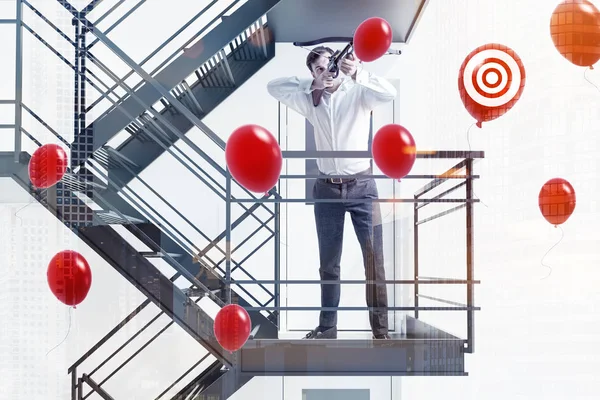 Businessman Crossbow Shooting Red Balloons Target Standing Emergency Stairs White — Stock Photo, Image