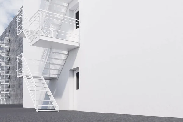 白い壁 ドアや非常口の階段とモダンな建物の外観の側面図です プラン と創造的思考の概念 レンダリングをモックアップします — ストック写真