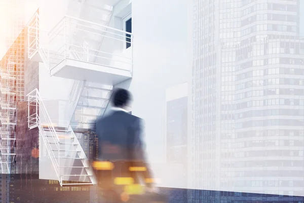 African American Businessman Approaching Modern Building White Walls Emergency Exit — Stock Photo, Image