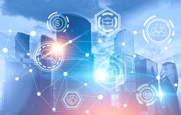 İş ağ simgeleri mavi cityscape arka plan üzerinde. Sürükleyici arayüzü ve küresel ağ. Tonlu görüntü pozlama sahte katlayın