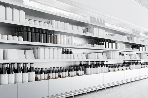 Row Store Shelves Mock Bottles Boxes Concept Marketing Consumption Product — Stock Photo, Image