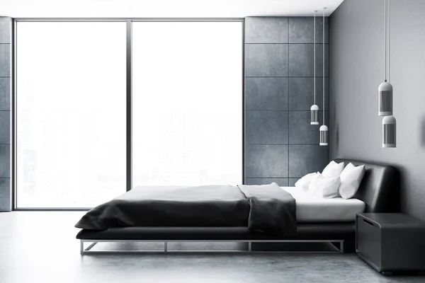 Modern Bedroom Interior Grey Tile Walls Concrete Floor Gray Master — Stock Photo, Image