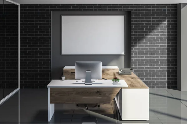 Minimalistic office interior with black brick walls, a gray tile floor ...
