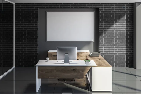 Minimalistic Office Interior Black Brick Walls Gray Tile Floor Computer — Stock Photo, Image