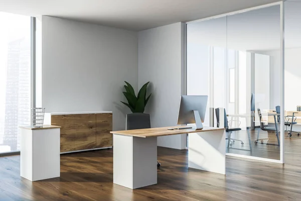 Modern Manager Office Corner Wooden Floor White Walls Stylish Computer — Stock Photo, Image