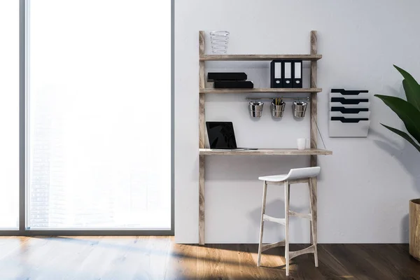 Minimalistic Freelancer Workplace Interior Loft Window White Walls Wooden Floor — Stock Photo, Image