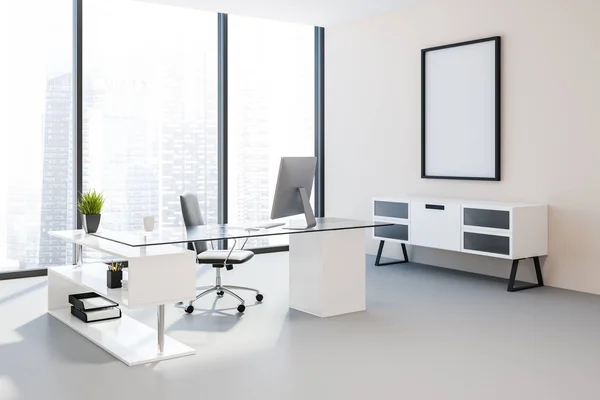 Manager Office Corner Peach Walls Concrete Floor Panoramic Windows Large — Stock Photo, Image