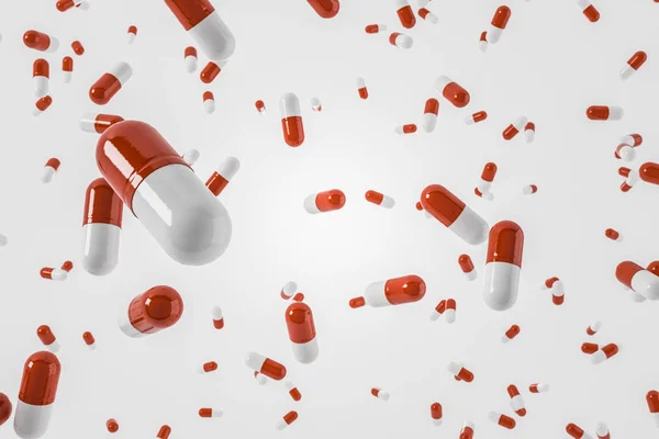 Pílulas Brancas Vermelhas Caindo Sobre Fundo Branco Conceito Medicina Toxicodependência — Fotografia de Stock