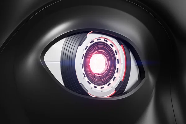 Realistic red robot eye with a camera on a black robot face. Concept of hi tech, face recognition and machine uprising. Side view. 3d rendering mock up