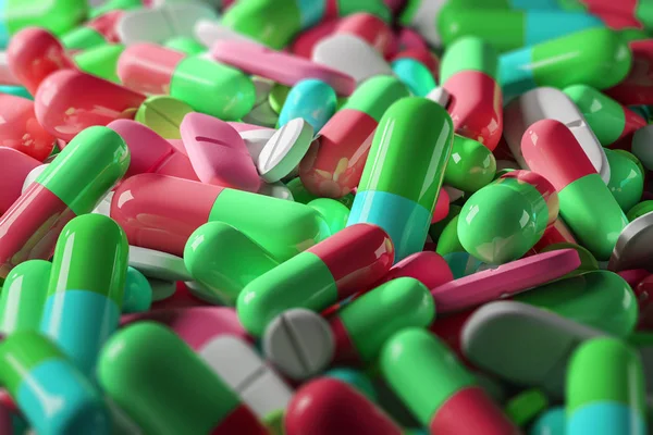 Parlak Renkli Hapları Düz Bir Yüzeye Yalan Tıp Uyuşturucu Bağımlılığı — Stok fotoğraf