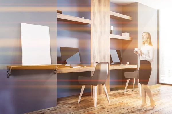 Businesswoman Stylish Home Office Interior Dark Blue Wooden Walls Two — Stock Photo, Image