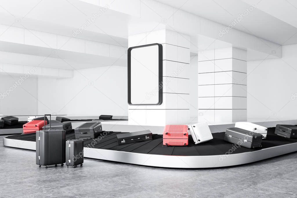 Gray, white and pink suitcases on airport conveyor belt in a white wall room with a poster on the wall. Side view. 3d rendering mock up