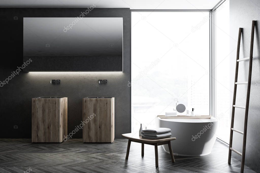 Modern gray wall bathroom interior with black wooden floor, loft window, ladder, double sink and bathtub. Spa, hotel and luxury real estate. 3d rendering mock up