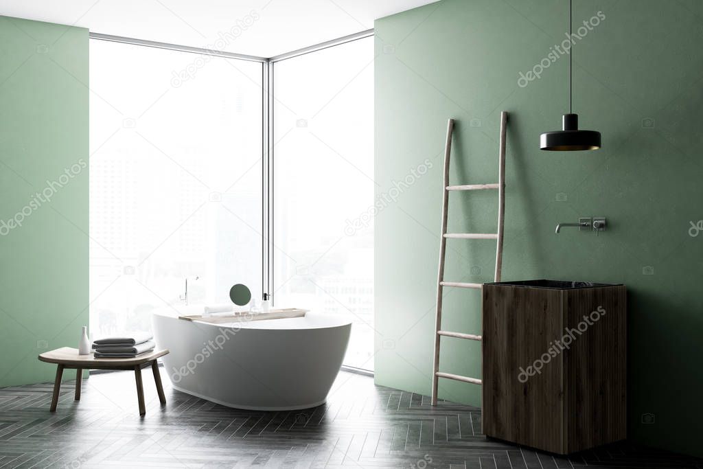 Modern green wall bathroom corner with wooden floor, loft window, ladder, wooden sink and bathtub. Spa, hotel and luxury real estate. 3d rendering mock up