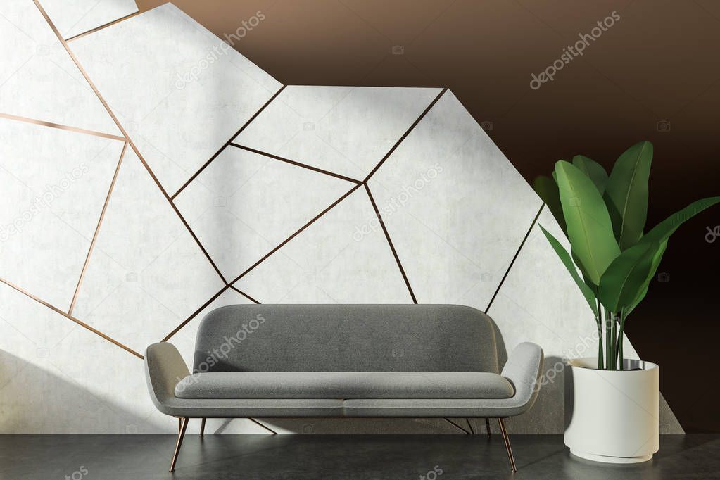 White and brown geometric wall pattern living room interior with a concrete floor, a gray sofa standing next to a coffee table and plant in pot. 3d rendering mock up