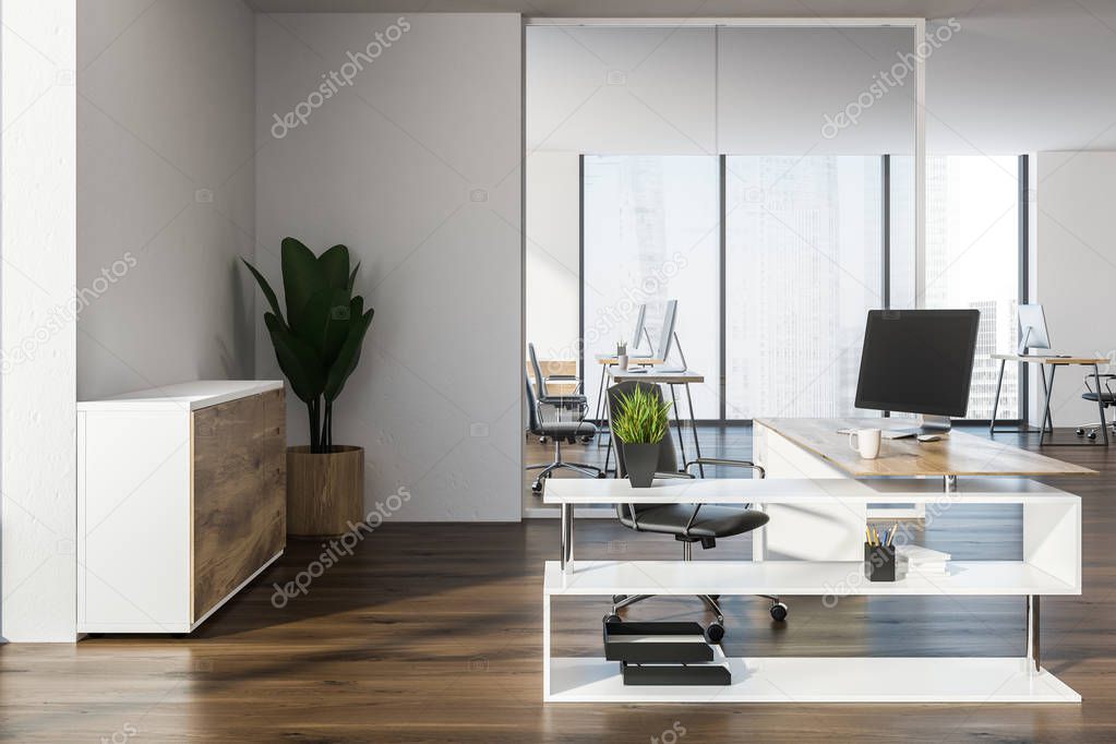 Modern manager office interior with a wooden floor, white walls, a stylish computer table and a potted plant. 3d rendering mock up