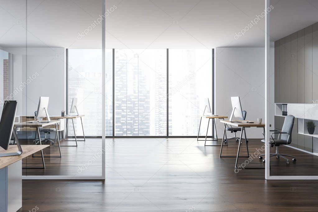 Side view of modern manager office interior with a wooden floor, white walls, stylish computer tables and a panoramic cityscape window. 3d rendering mock up