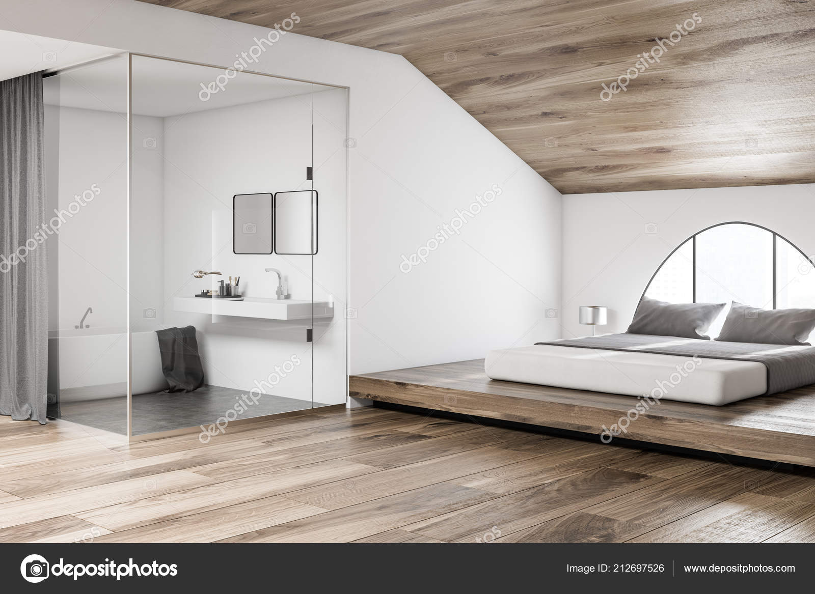 Corner Attic Bedroom Master Bed Minimalistic Bathroom Left