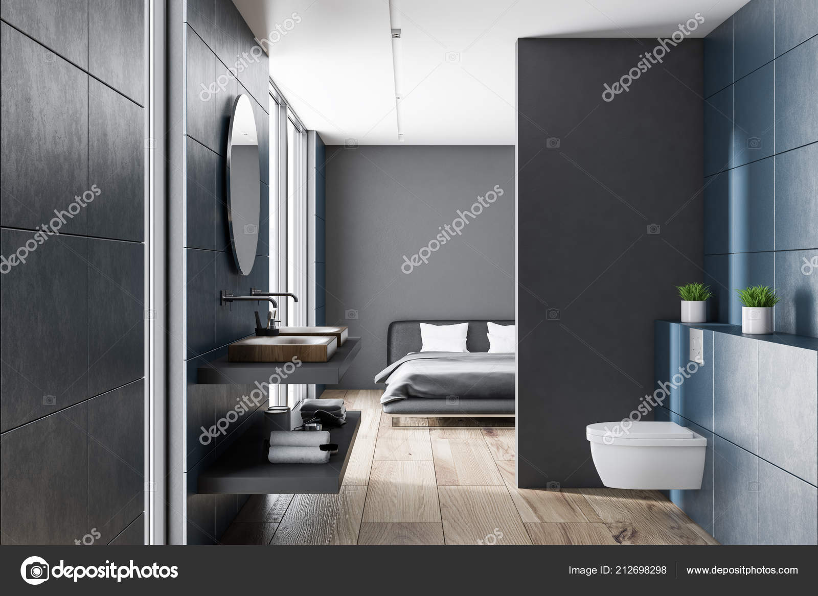 Modern Blue Wall Bathroom Interior Wooden Floor Wooden Sink