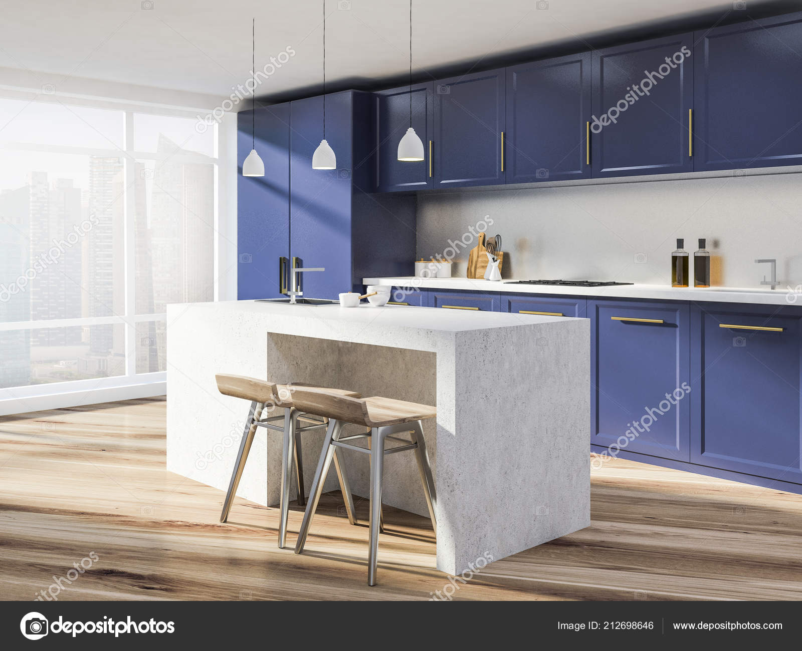 Panoramic Kitchen Interior White Walls Wooden Floor Purple