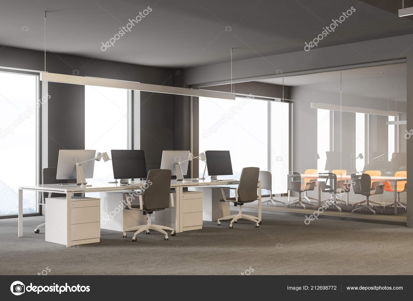 Interior Modern Grey Office Rows White Computer Desks Loft Windows