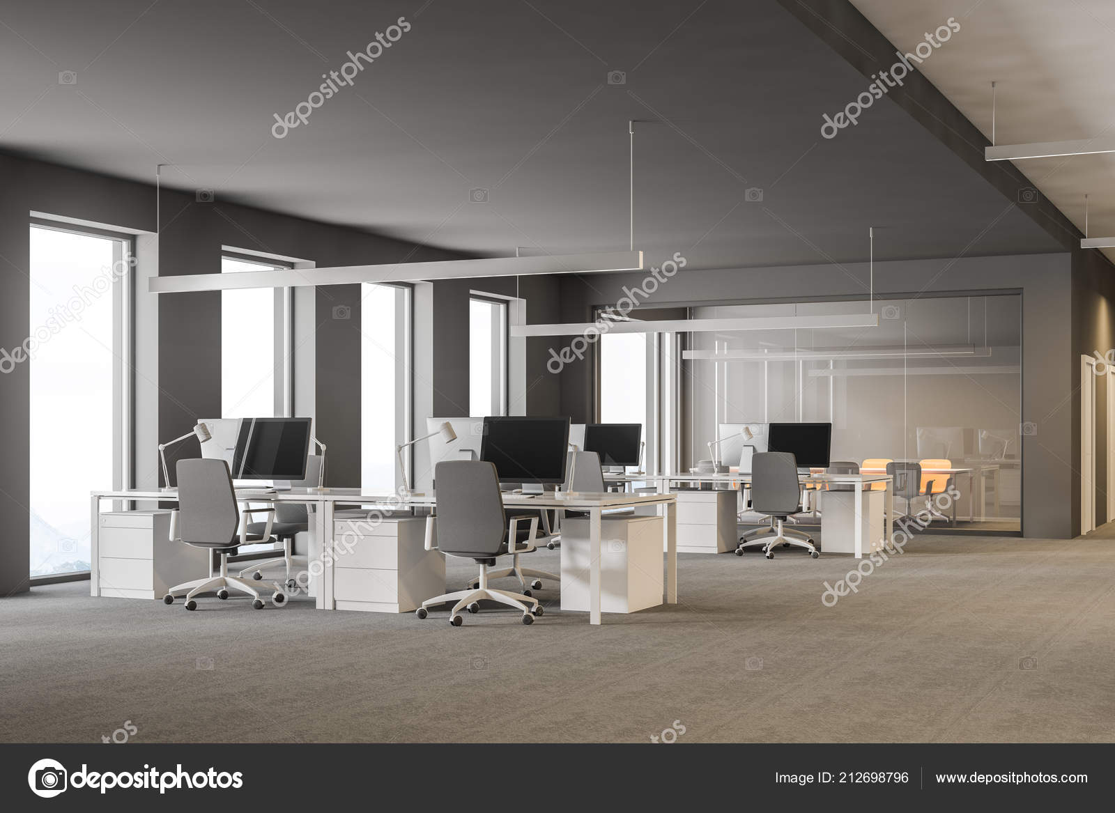 Modern Grey Office Interior Rows White Computer Desks Loft Windows