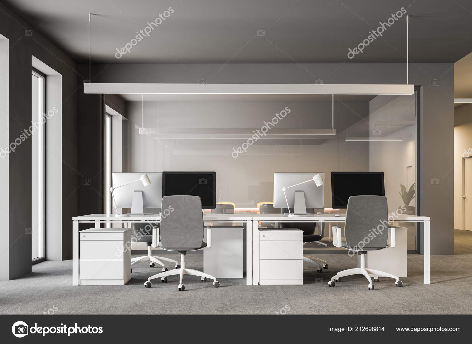 Modern Grey Office Interior Rows White Computer Desks Loft Windows