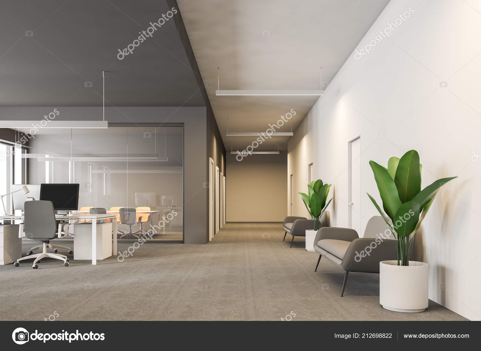 Modern Grey White Office Interior Rows White Computer Desks